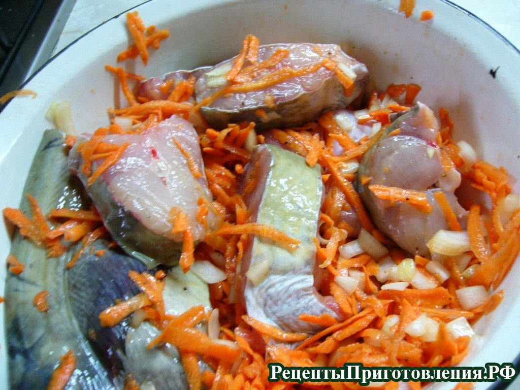 Перемешиваем мясо сома вместе с овощами и настаиваем 30 минут