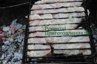 Разложить промаринованные в кефире кусочки мяса на решетку для барбекю и поставить на мангал с углями